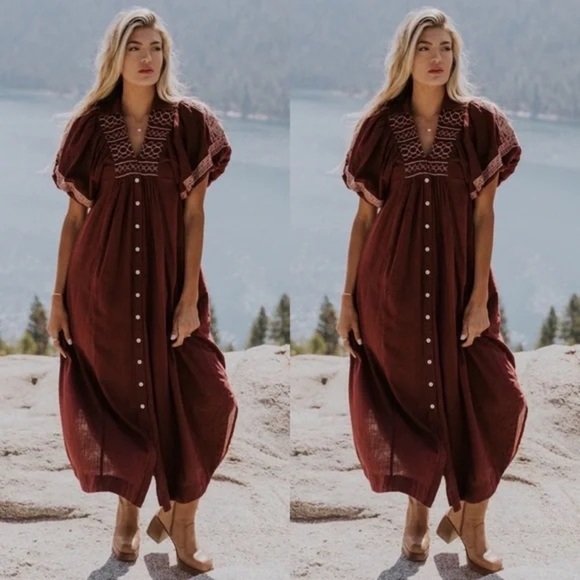 Free People Maroon Embroidered Puff Sleeve Midi Dress sz S - Picture 4 of 7